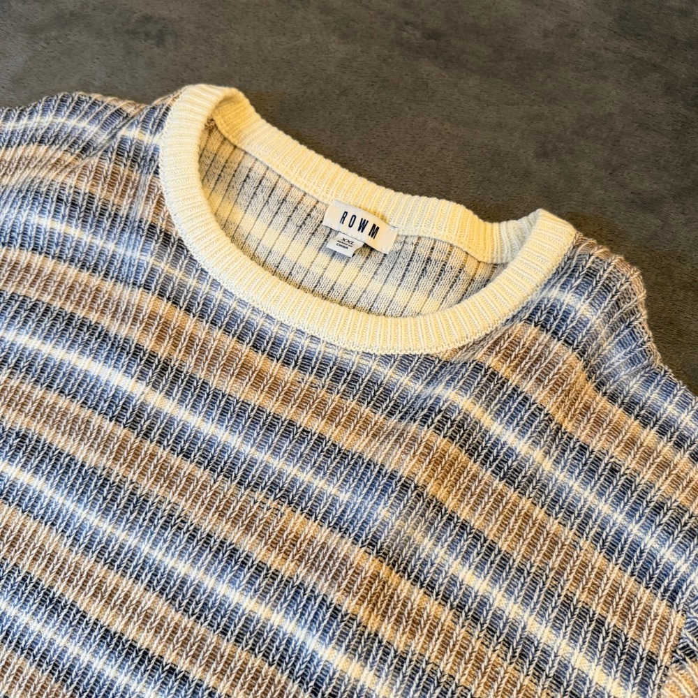 ROWM Striped Crewneck Sweater Mens XXL Blue Cream Brown Ribbed Knit NWOT